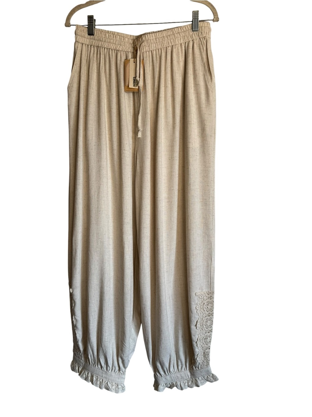 TARSE Linen Casual Elastic Waist Beach Travel Palazzo Harem Pants Pockets NEW